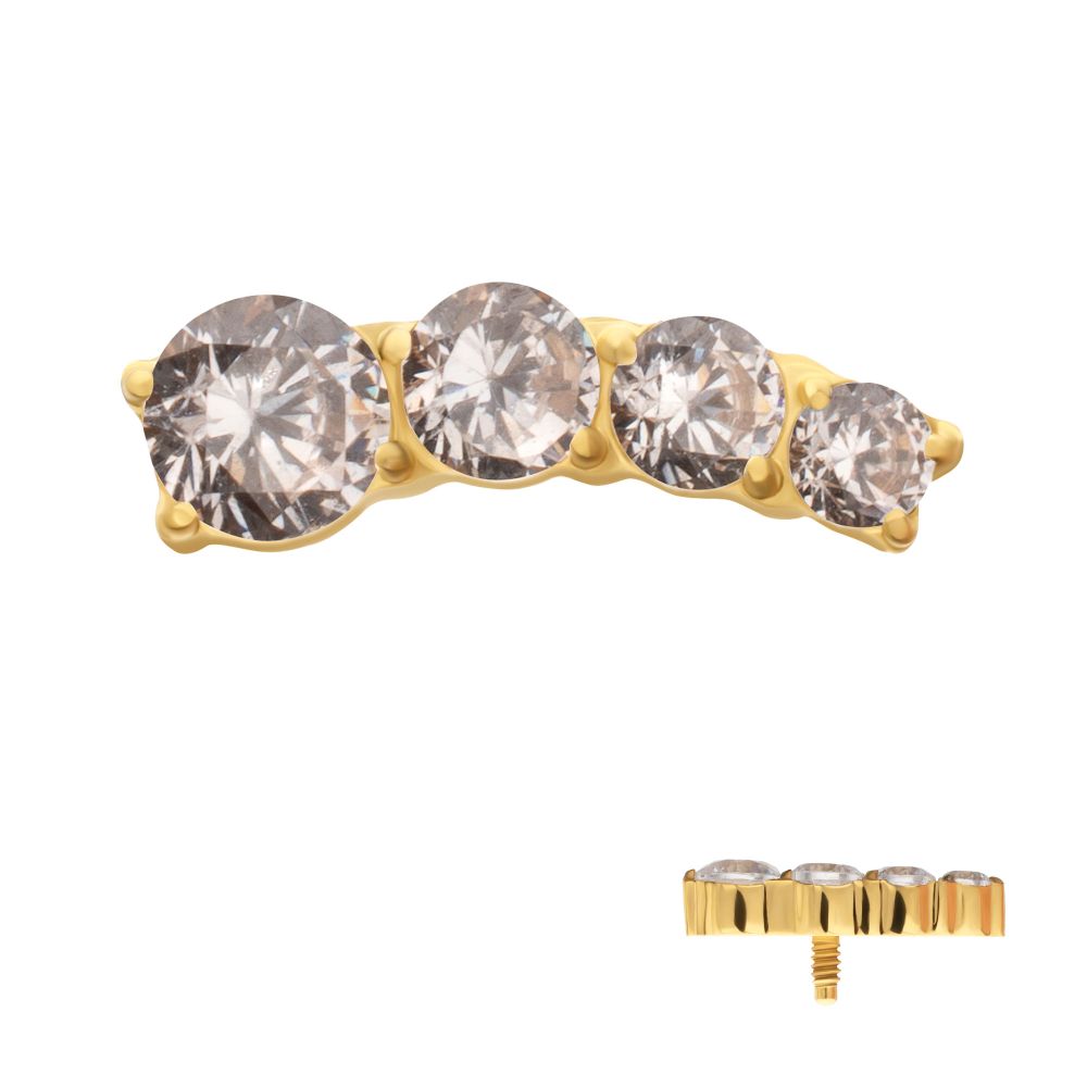 24Kt Gold PVD Titanium Internally Threaded 4-Cluster Staggered Prong Set CZ Gem Top (Left Ear)