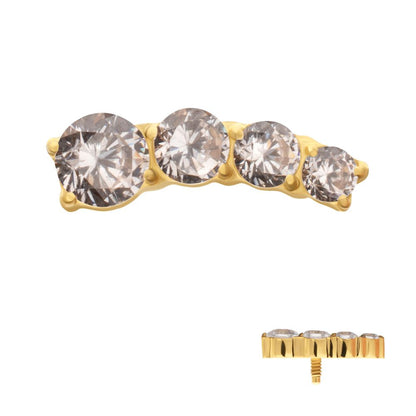 24Kt Gold PVD Titanium Internally Threaded 4-Cluster Staggered Prong Set CZ Gem Top (Left Ear)