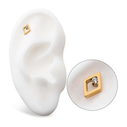 24Kt Gold PVD Titanium Internally Threaded Rhombus Shape with Clear CZ Top