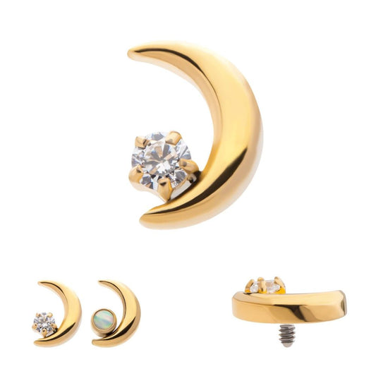 24Kt Gold PVD Titanium Internally Threaded Crescent Moon with CZ/Opal Top