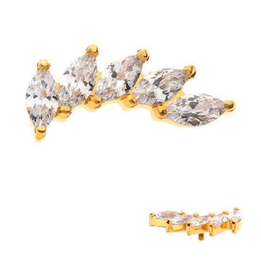 24Kt Gold PVD Titanium Internally Threaded with Prong Set Marquise 5 Gem Curved Fan Top