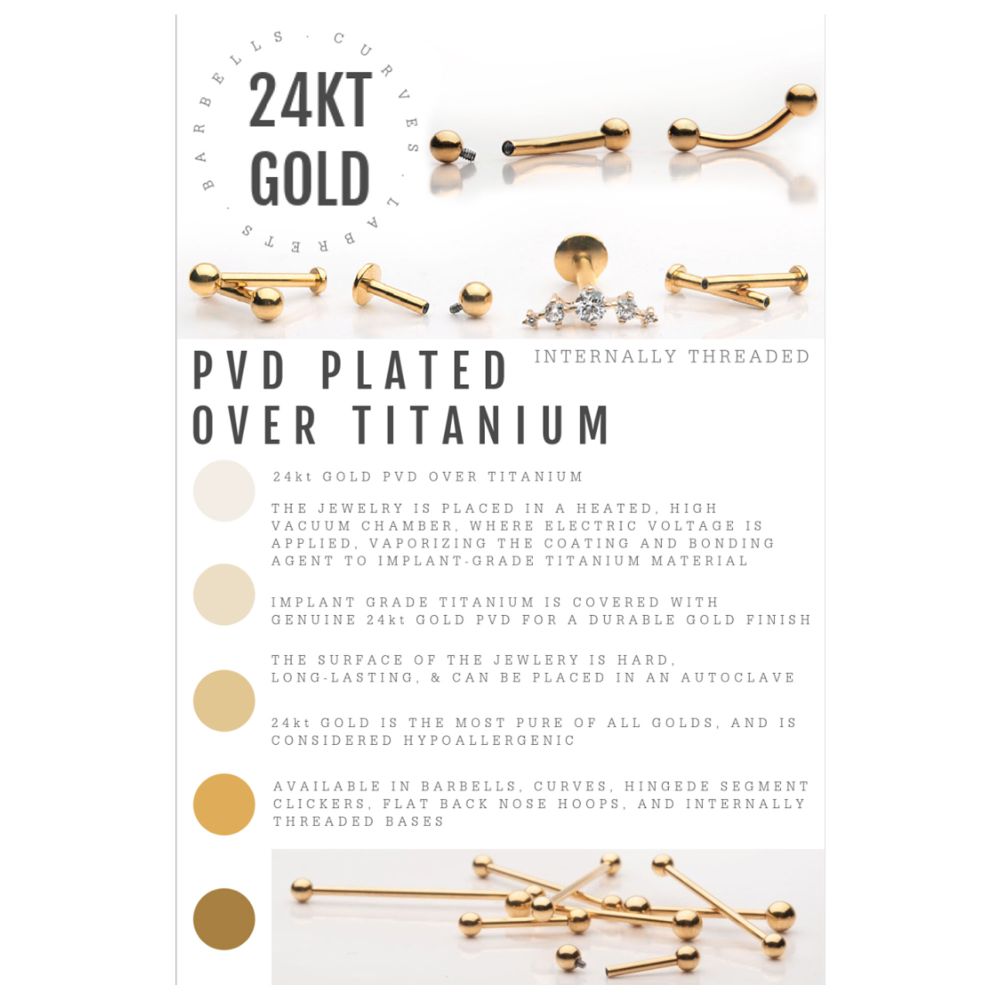 24Kt Gold PVD Titanium Internally Threaded Crescent Moon Top with 1.6mm Crest