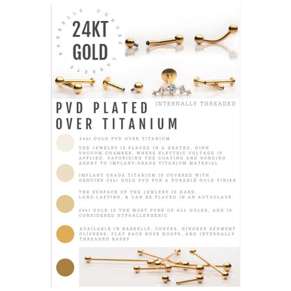 24Kt Gold PVD Titanium Internally Threaded Crescent Moon Top with 1.6mm Crest