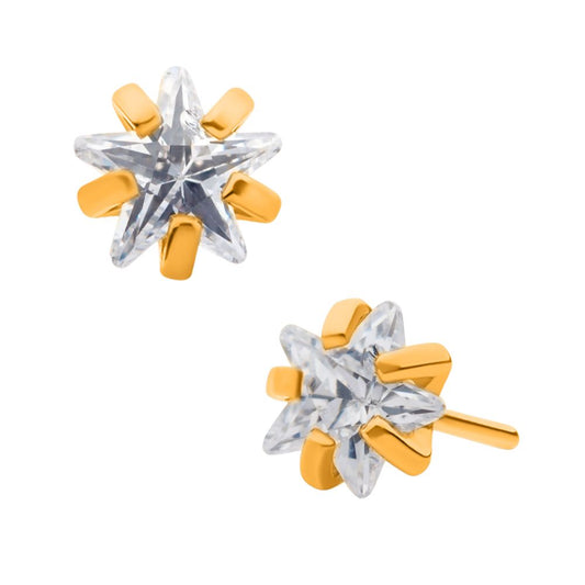 24KT-Gold PVD Titanium Threadless with Prong Set CZ Star Shape Top