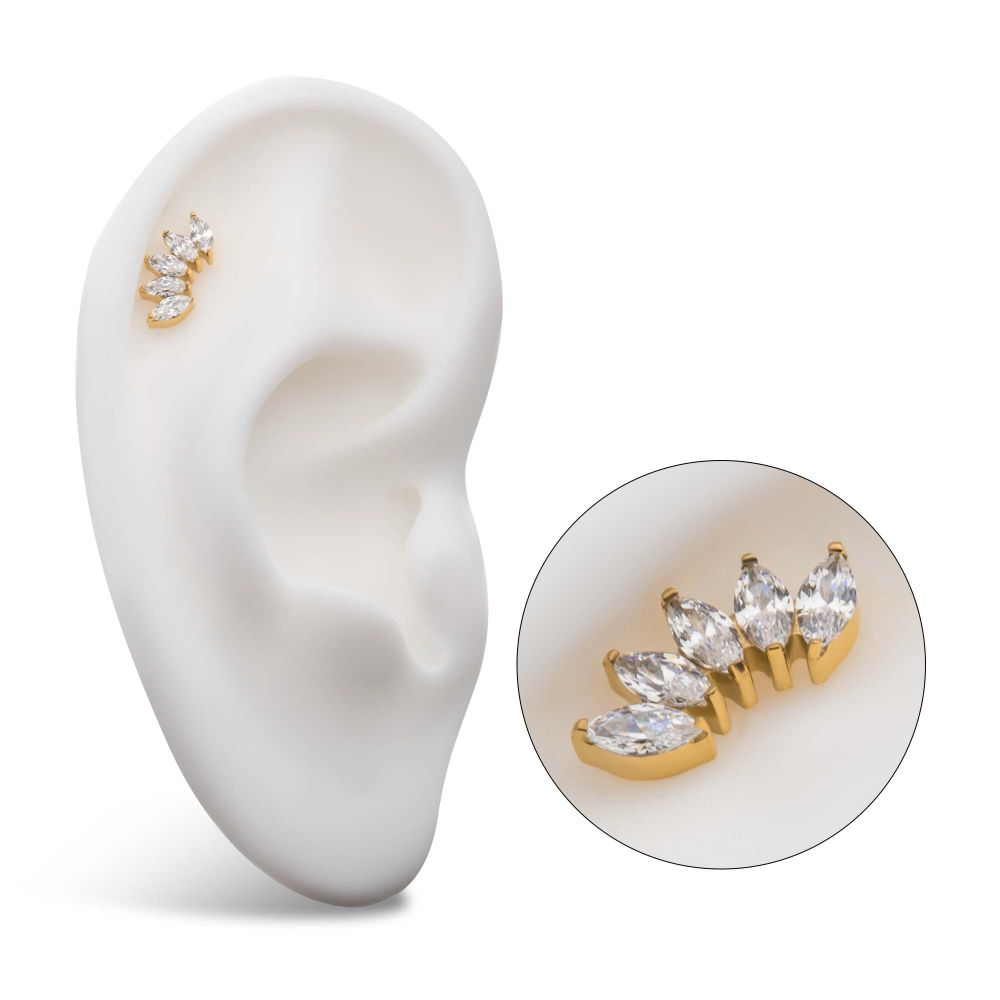 24Kt Gold PVD Titanium Threadless with Prong Set Marquise CZ 5-Cluster Top