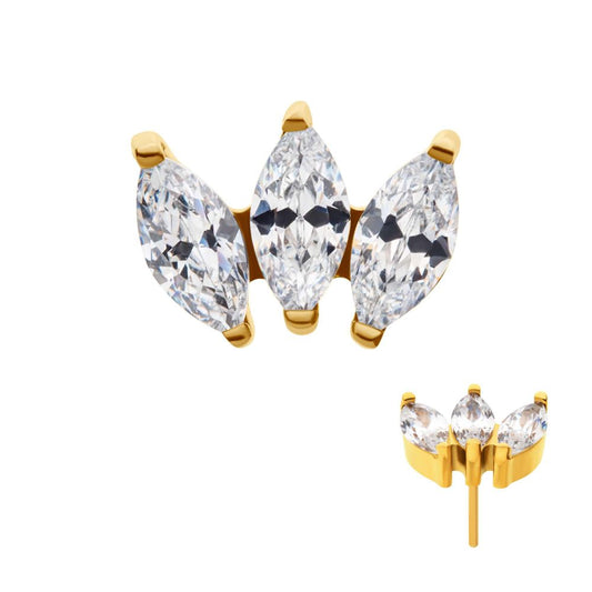 24Kt Gold PVD Titanium Threadless with Prong Set Marquise CZ 3-Cluster Top