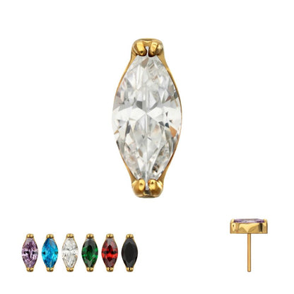 24KT Gold PVD Titanium Threadless Double V-Prong 4mm Marquise CZ Gem Top