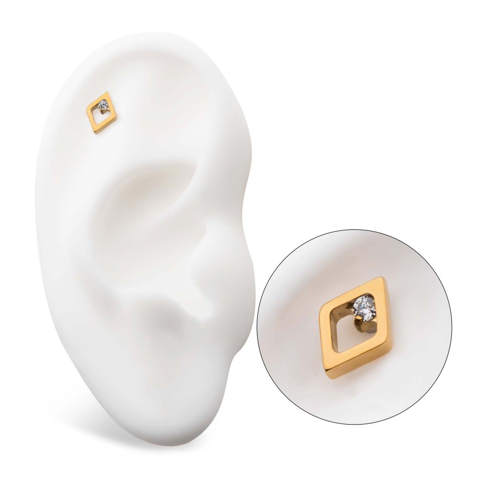 24Kt Gold PVD Titanium Threadless Rhombus Shape with Clear CZ Top
