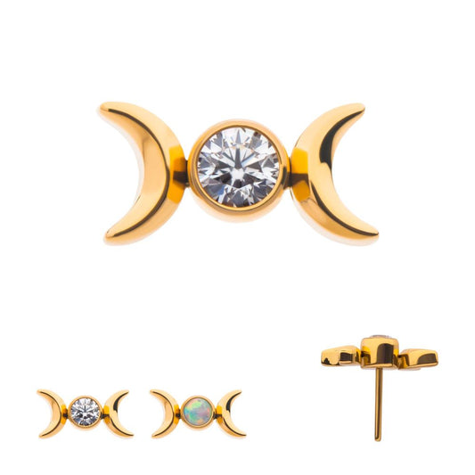 Titanium Threadless Bezel Set Round Gem/Opal Triple Moon Phase Top