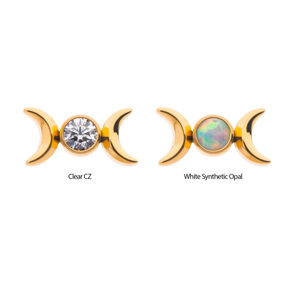 Titanium Threadless Bezel Set Round Gem/Opal Triple Moon Phase Top