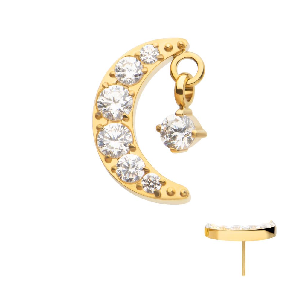 24Kt Gold PVD Titanium Threadless Crescent Moon CZ Top with Dangle Pronged Round CZ
