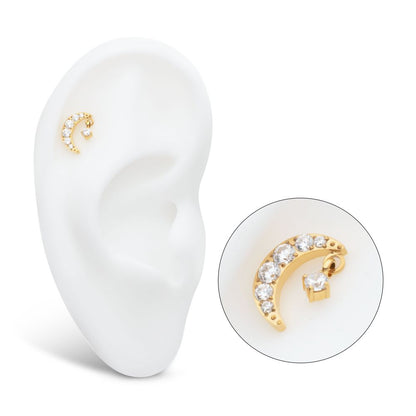 24Kt Gold PVD Titanium Threadless Crescent Moon CZ Top with Dangle Pronged Round CZ