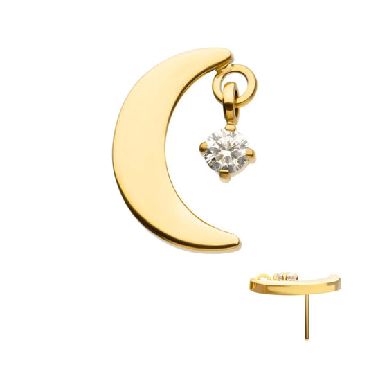 24Kt Gold PVD Titanium Threadless Crescent Moon Top with Dangle Pronged Round CZ