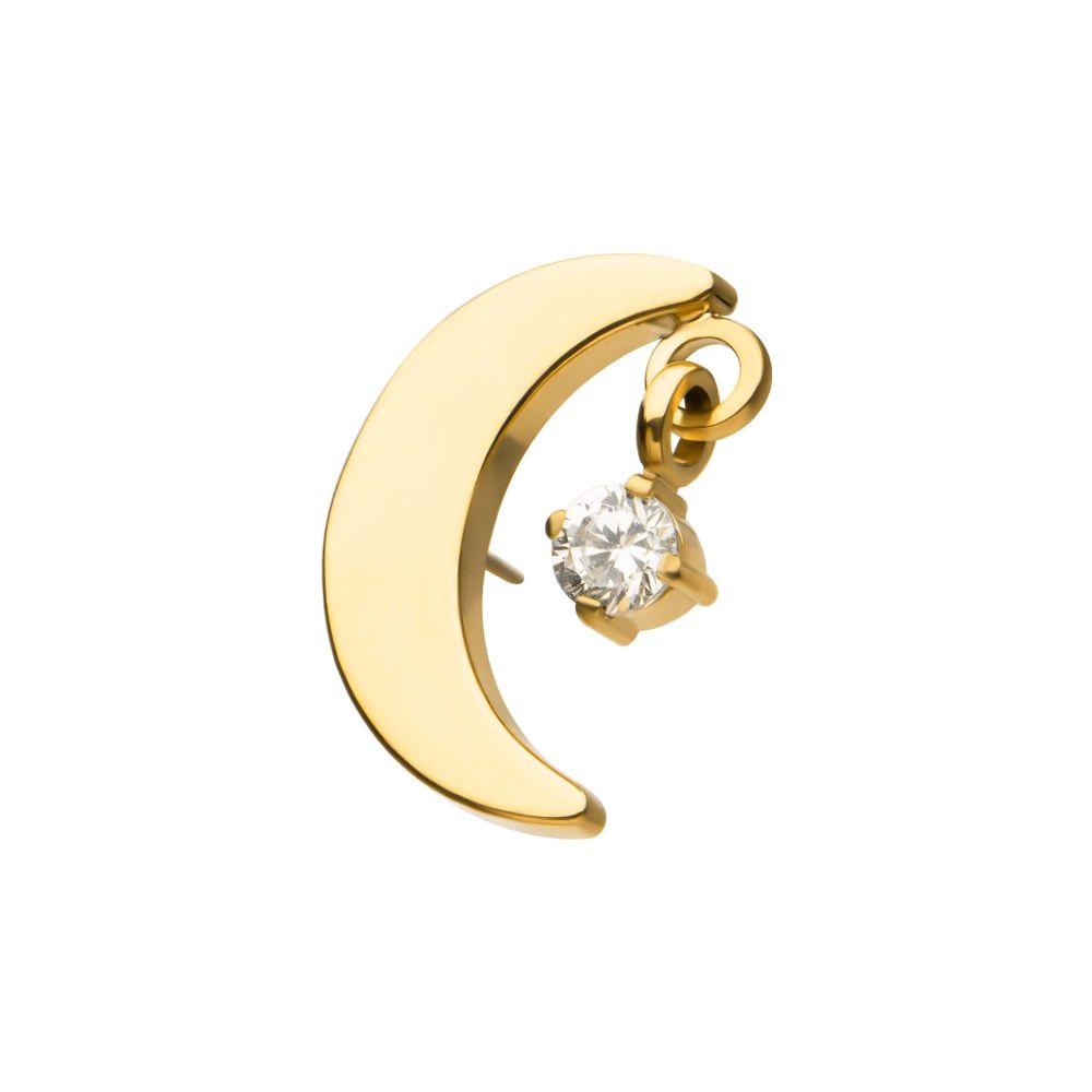 24Kt Gold PVD Titanium Threadless Crescent Moon Top with Dangle Pronged Round CZ