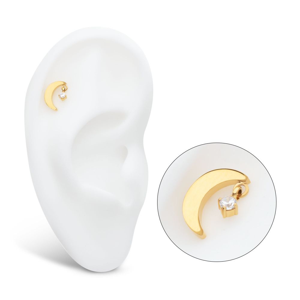 24Kt Gold PVD Titanium Threadless Crescent Moon Top with Dangle Pronged Round CZ