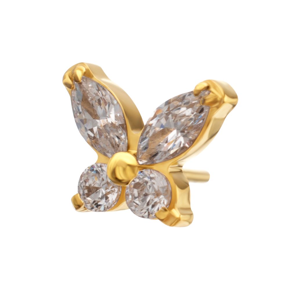 24Kt Gold PVD Titanium Threadless Small Butterfly with V-Prong Round & Marquise CZ Gem Top