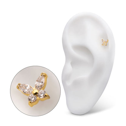 24Kt Gold PVD Titanium Threadless Small Butterfly with V-Prong Round & Marquise CZ Gem Top