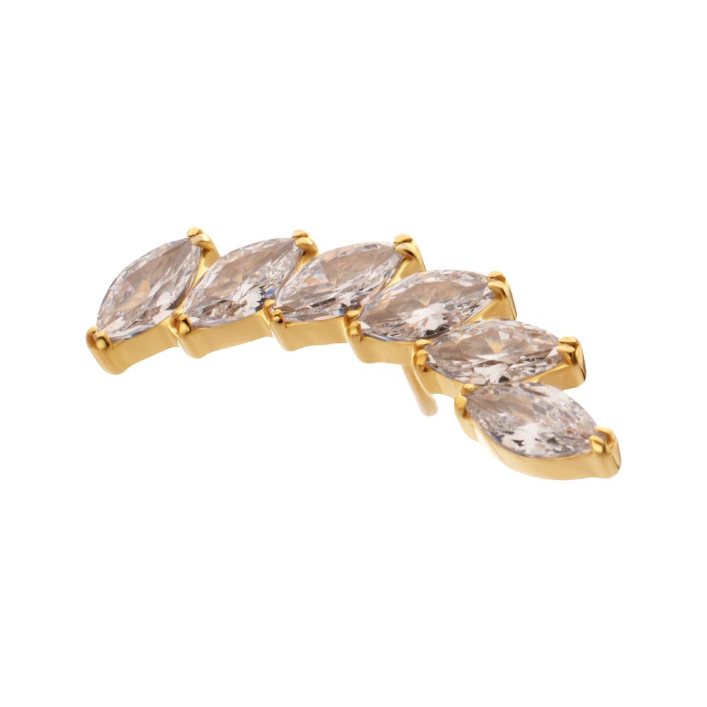 24Kt Gold PVD Titanium Threadless 6-Cluster Staggered V-Prong Marquise CZ Gem Top