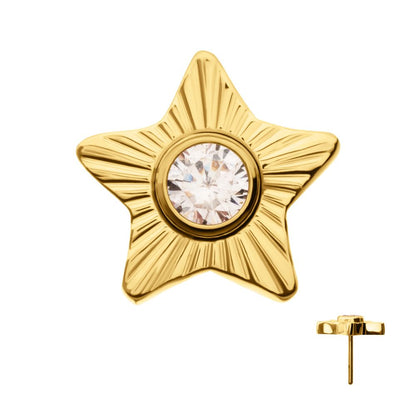 24Kt Gold PVD Titanium Threadless Corrugated Star with Bezel Gem Top
