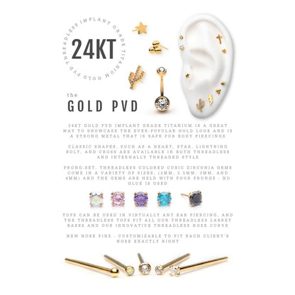 24Kt Gold PVD Titanium Threadless Trinity Ball Top