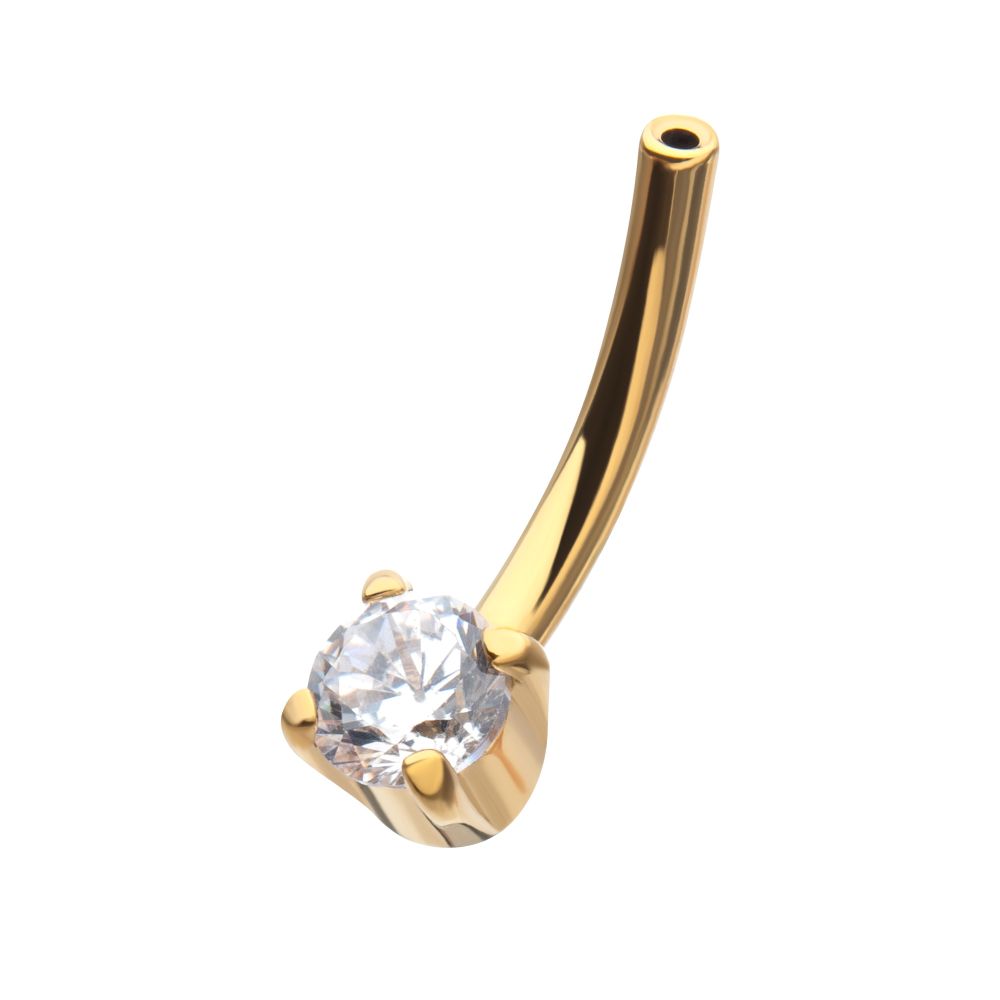 24Kt Gold PVD Titanium Threadless Prong Set CZ Fixed Bottom Curved Barbell