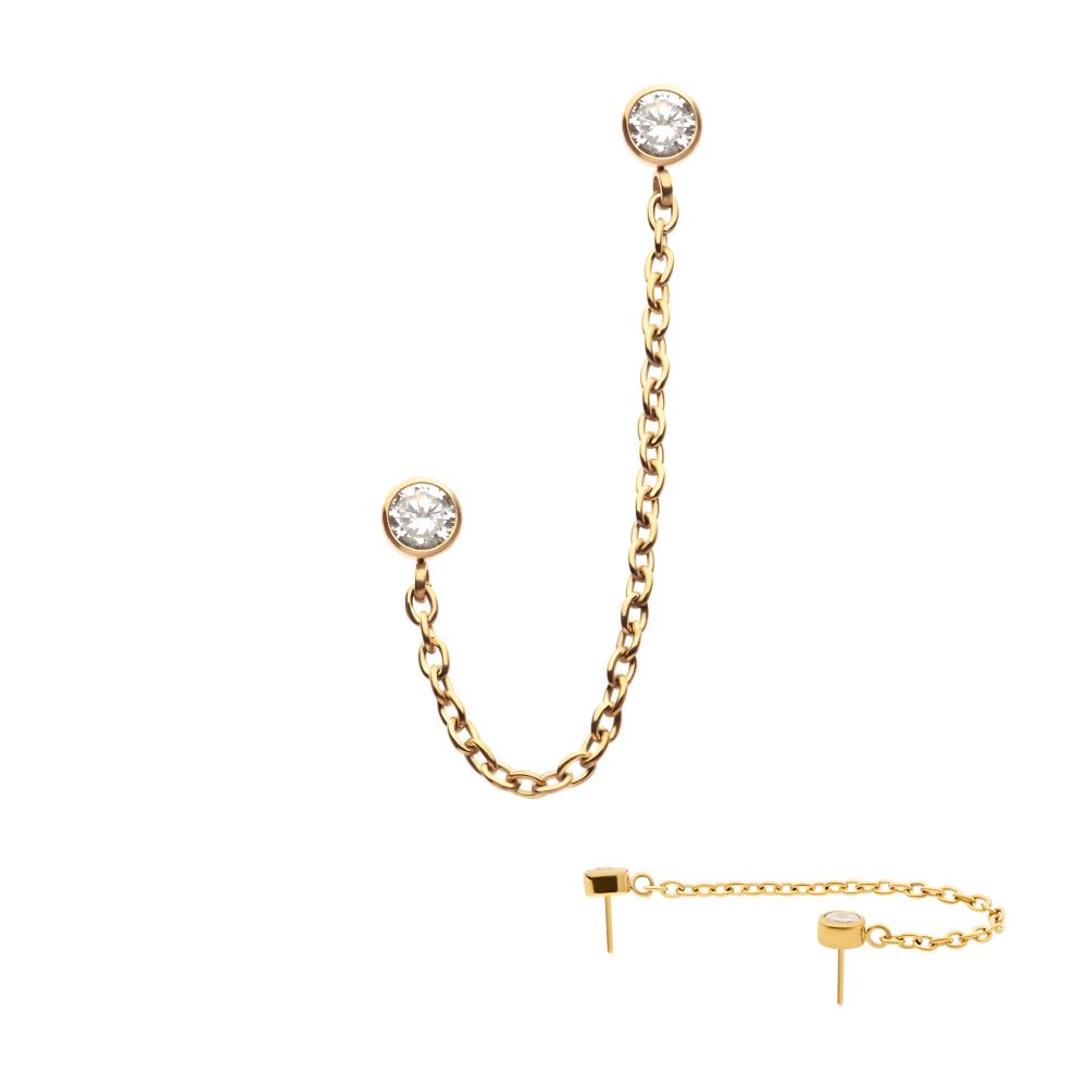 24Kt Gold PVD Titanium Threadless Duo Bezel Round CZ with Rolo Chain Dangle Tops