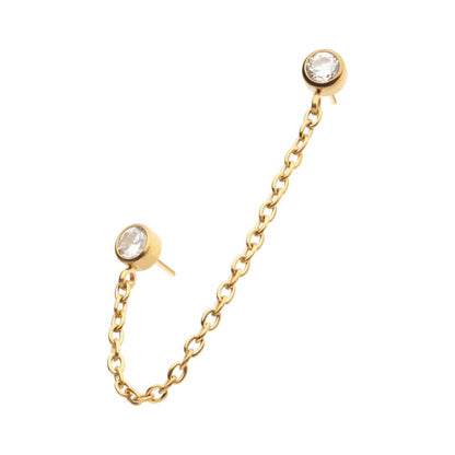 24Kt Gold PVD Titanium Threadless Duo Bezel Round CZ with Rolo Chain Dangle Tops