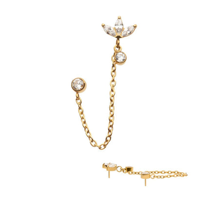 24Kt Gold PVD Titanium Threadless Marquise Trinity & Duo Bezel Round Gem Top with Dangle Rolo Chain