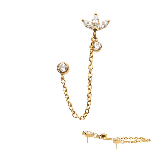 24Kt Gold PVD Titanium Threadless Marquise Trinity & Duo Bezel Round Gem Top with Dangle Rolo Chain