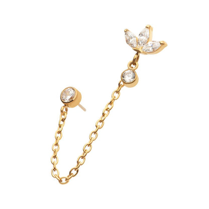 24Kt Gold PVD Titanium Threadless Marquise Trinity & Duo Bezel Round Gem Top with Dangle Rolo Chain