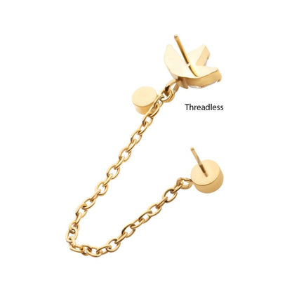 24Kt Gold PVD Titanium Threadless Marquise Trinity & Duo Bezel Round Gem Top with Dangle Rolo Chain