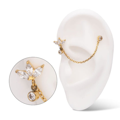 24Kt Gold PVD Titanium Threadless Marquise Trinity & Duo Bezel Round Gem Top with Dangle Rolo Chain