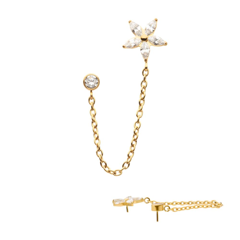 24Kt Gold PVD Titanium Threadless Marquise Flower Shape & Bezel Round Gem Top with Dangle Rolo Chain