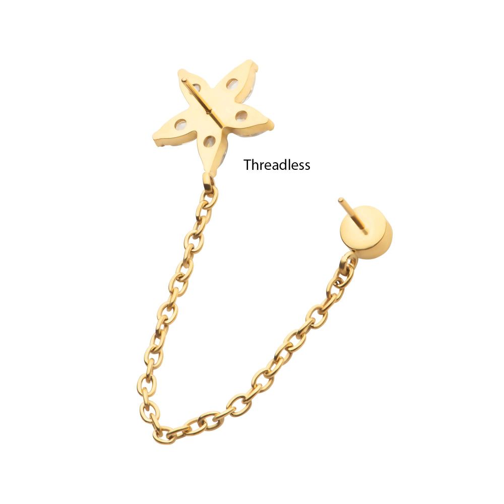 24Kt Gold PVD Titanium Threadless Marquise Flower Shape & Bezel Round Gem Top with Dangle Rolo Chain