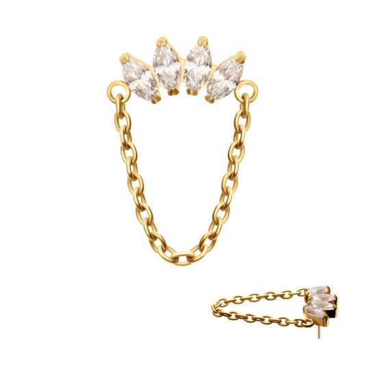 24Kt Gold PVD Titanium Threadless 4 Marquise Prong Gem Cluster Top with Chain Dangle