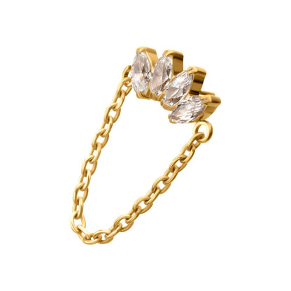 24Kt Gold PVD Titanium Threadless 4 Marquise Prong Gem Cluster Top with Chain Dangle