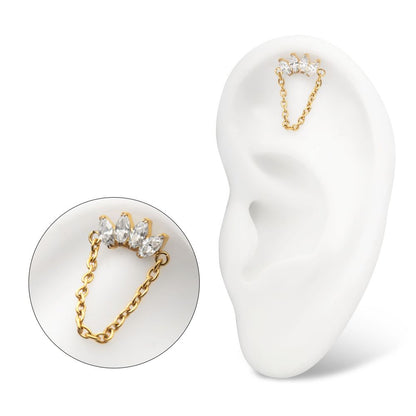 24Kt Gold PVD Titanium Threadless 4 Marquise Prong Gem Cluster Top with Chain Dangle