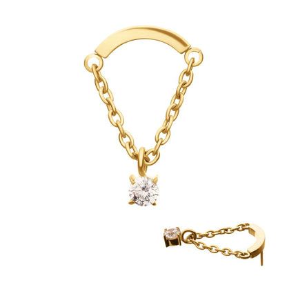 24Kt Gold PVD Titanium Threadless Curved Bar Top with Prong Set Gem Chain Dangle