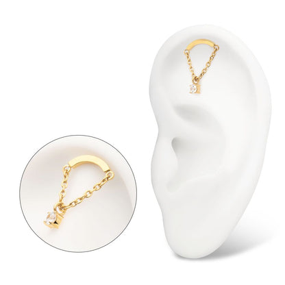 24Kt Gold PVD Titanium Threadless Curved Bar Top with Prong Set Gem Chain Dangle