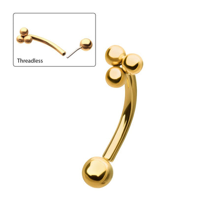24kt Gold PVD Titanium Tri-Bead Fixed Top with Threadless Bottom Curved Barbell