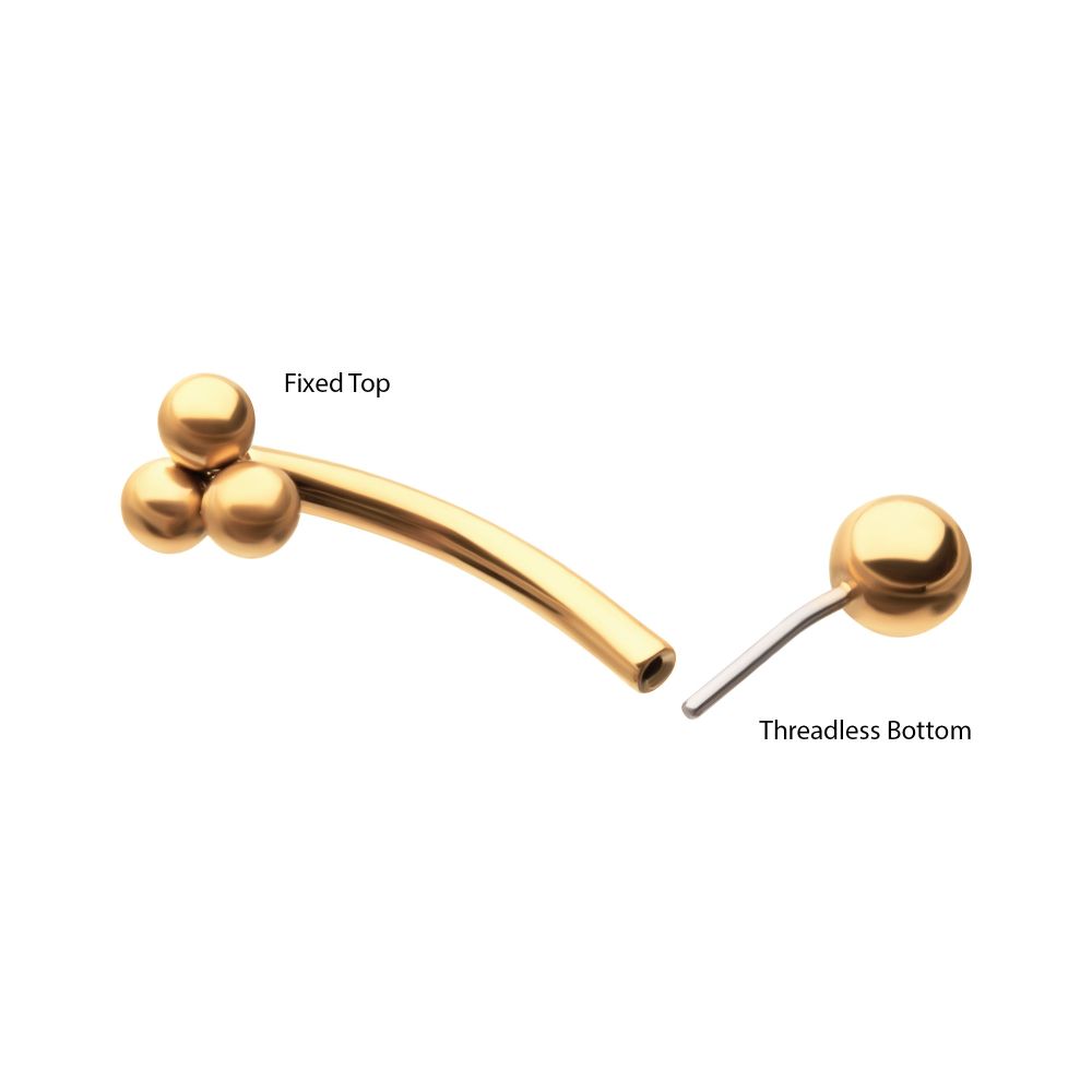 24kt Gold PVD Titanium Tri-Bead Fixed Top with Threadless Bottom Curved Barbell