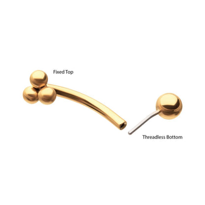 24kt Gold PVD Titanium Tri-Bead Fixed Top with Threadless Bottom Curved Barbell