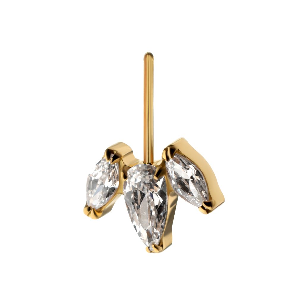 24Kt-Gold PVD Titanium Threadless Vertical Helix V-Prong Pear Trio Blossom Cluster Top