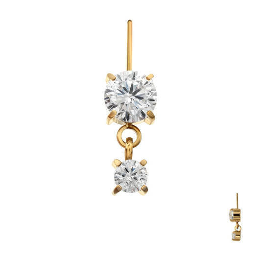 24Kt Gold PVD Titanium Threadless Vertical Helix Double 4-Prong CZ Gem Dangle Top