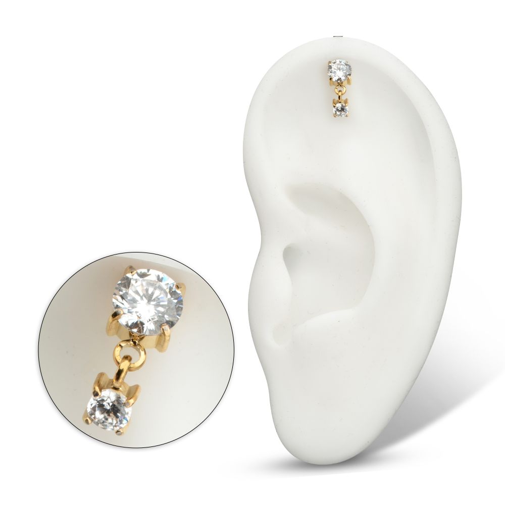 24Kt Gold PVD Titanium Threadless Vertical Helix Double 4-Prong CZ Gem Dangle Top