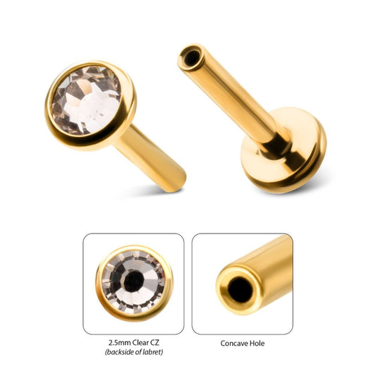 24Kt Gold PVD Titanium Threadless 3mm Bezel  Gem Back Duality Labret (Base Only)