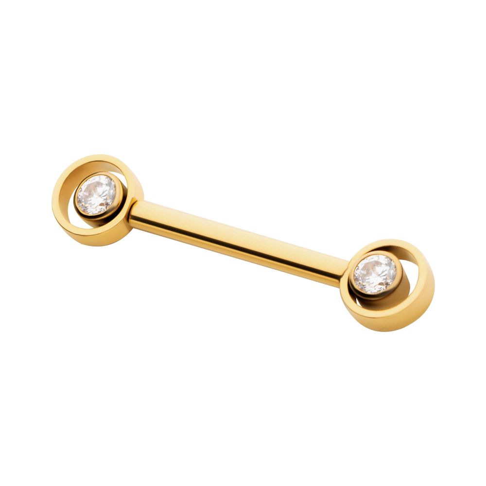 24Kt-Gold PVD Titanium Threadless Bezel Round CZ Orbit Nipple Barbell | Sold by piece