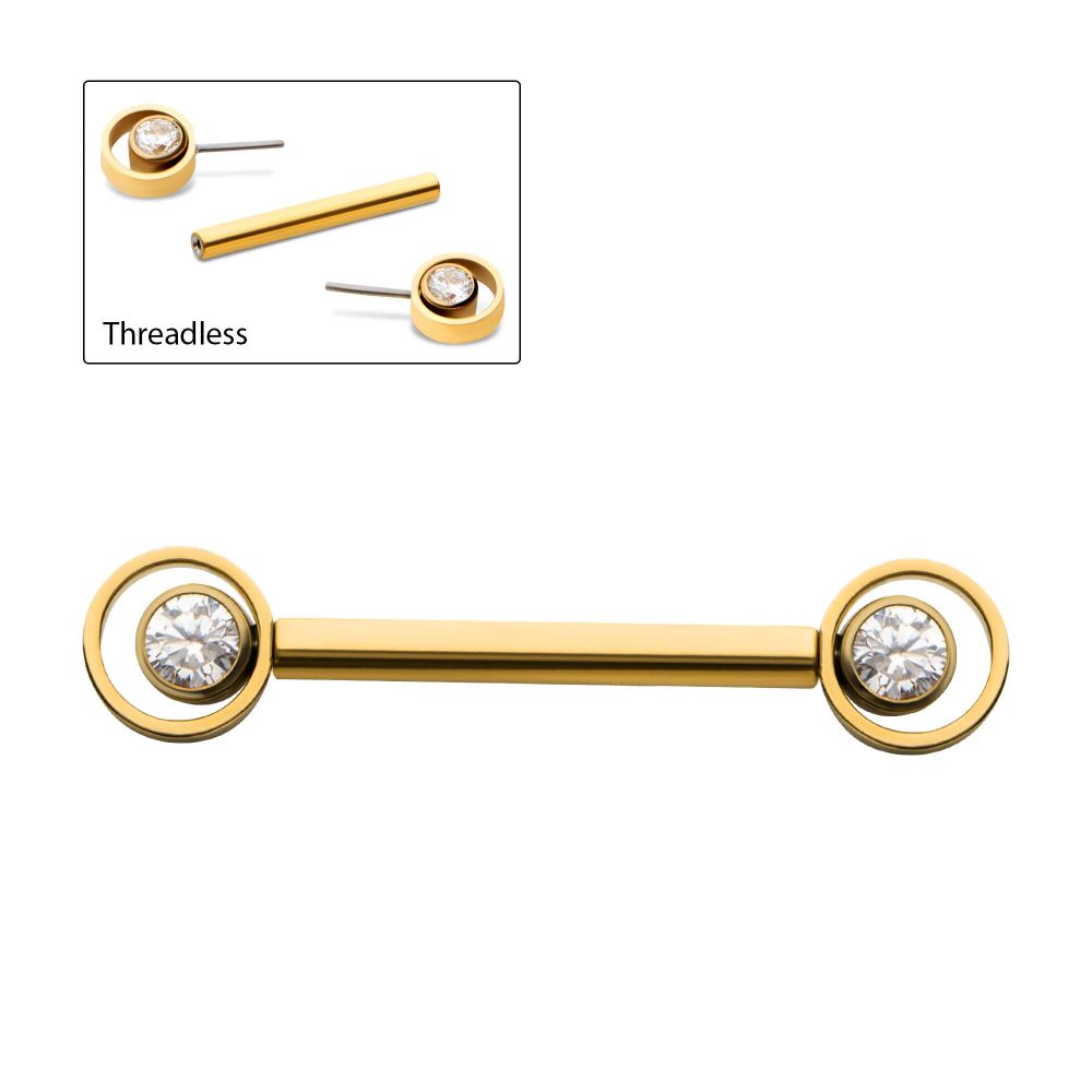 24Kt-Gold PVD Titanium Threadless Bezel Round CZ Orbit Nipple Barbell | Sold by piece