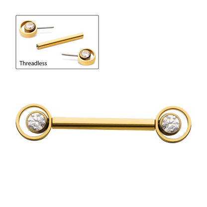 24Kt-Gold PVD Titanium Threadless Bezel Round CZ Orbit Nipple Barbell | Sold by piece
