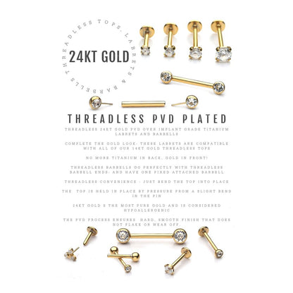 24Kt Gold PVD Titanium Threadless Pronged Round CZ Trinity Top